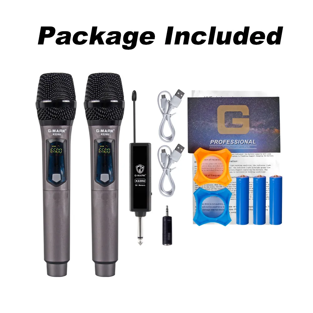 Microphone sans fil G-MARK X220U UHF enregistrement karaoké portable batterie au Lithium 2 canaux Distance de réception de 50 m