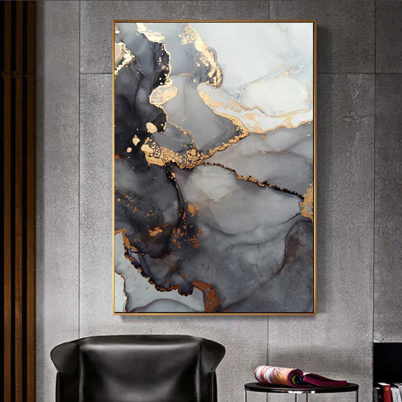Nordic Grey Golden Fluid Art Marble Texture Abstract Wall Art Canvas Poster e stampa la decorazione moderna del soggiorno di casa 210705