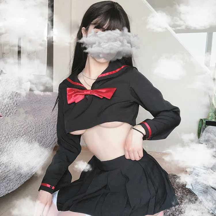 Cosplay Kostüm Sexy Langarm Tops und Minirock Sailor Schulmädchen Uniform Kawaii Dessous Set Maid SeductionLolita Student Y0913