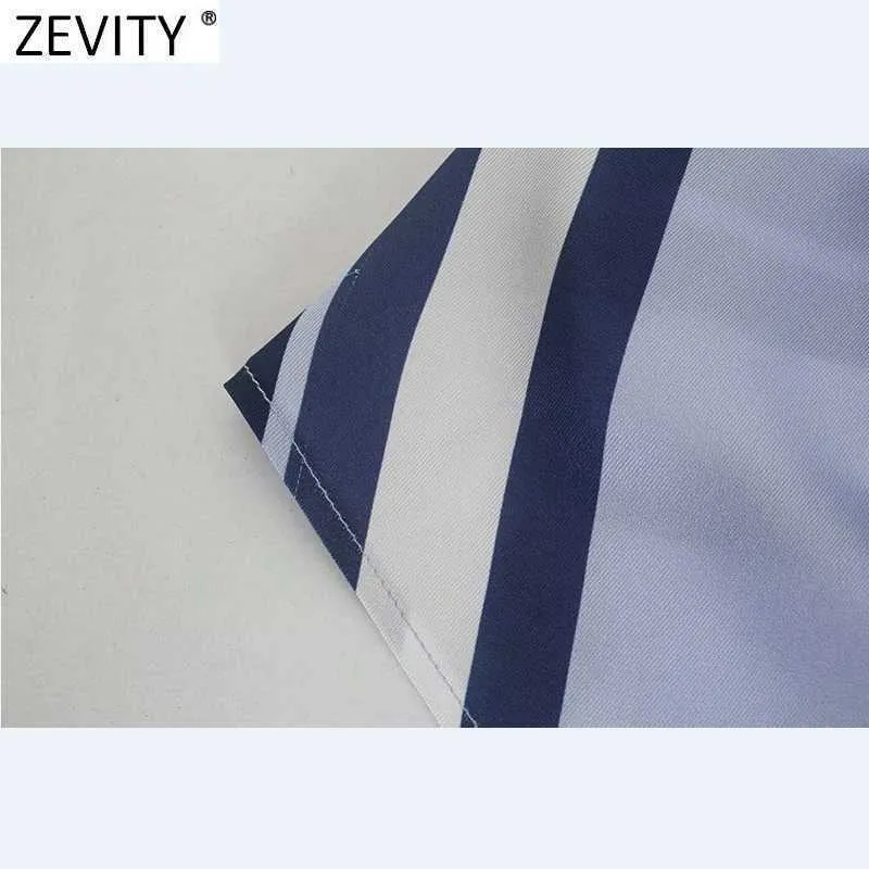 Zevity Women Cross V Neck Pasiast Print Hem Wiązany krótki Slim Smock Bluzka Femme Koszulka z krótkim rękawem Roupas Chic Topy LS9107 210603  t