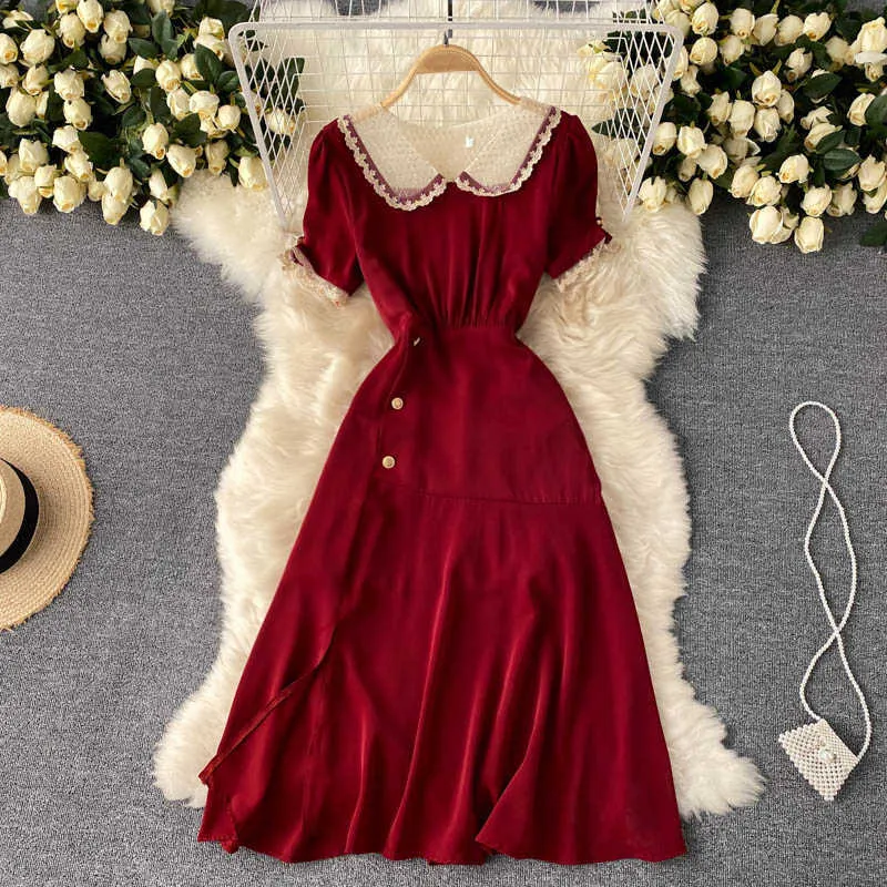 Vintage Schwarz/Rot Spitzen-Mesh Patchwork Kleid Frauen elegant