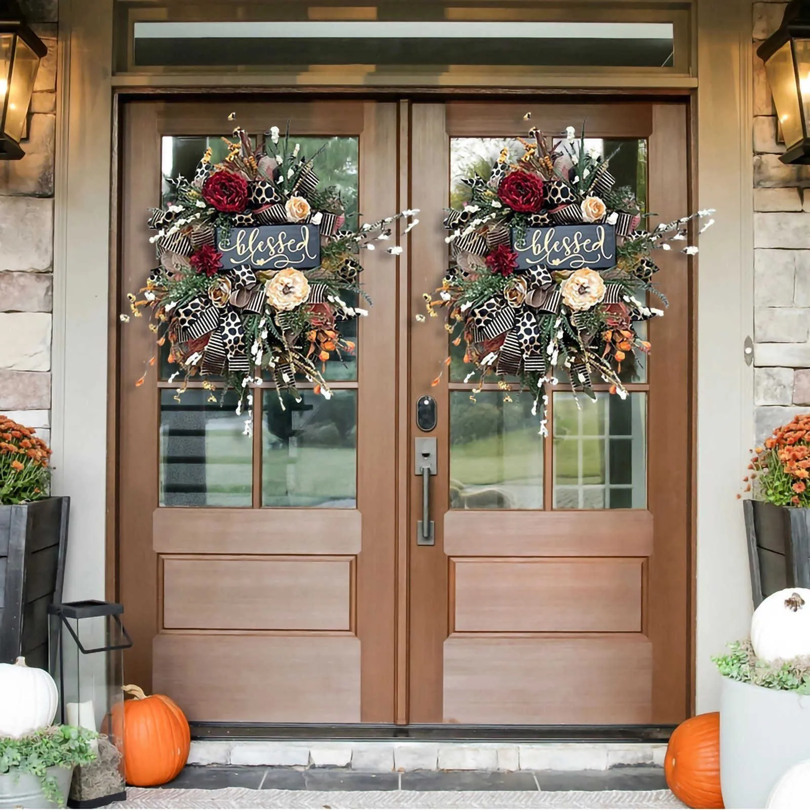 15.7 Inch Fall Artificial Round Wreath For Front Door - Home Decoration Handicraft Frame With Silk Leaves Thanksgiving Decor 211104