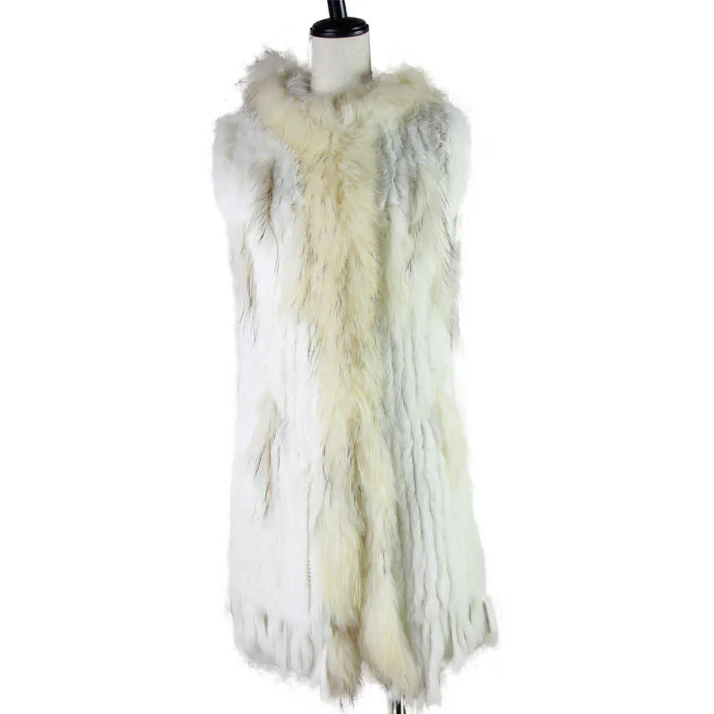 Harppihop fur New natural Fur Vest Genuine Rabbit Fur Knitted Gilet with Hooded Long Coat Jackets Women Winter V-211-05 Q0827