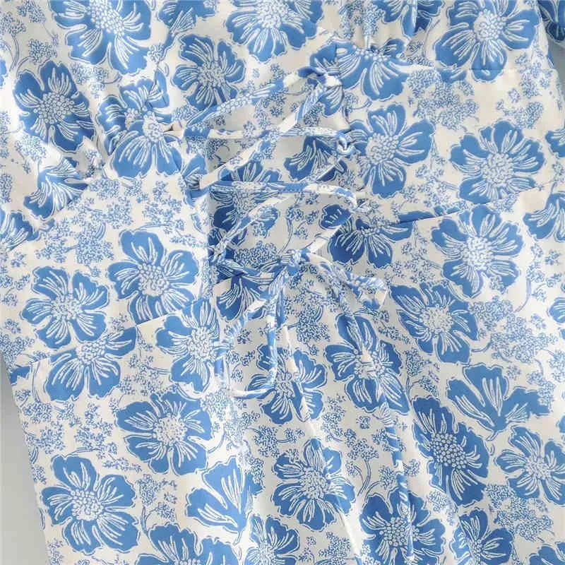 Elegant kvinna blå v nacke blomma lacing kort klänning sommar casual kvinnlig puff ärm strand es leases mini 210515