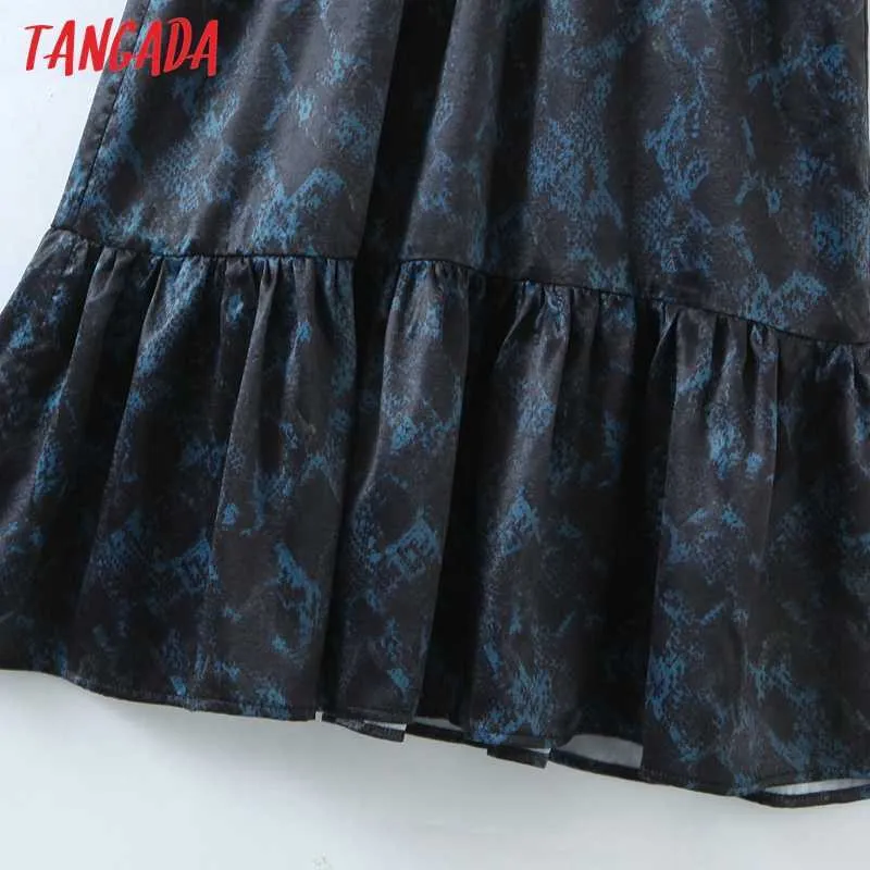 Tangada Spring Fashion Women Blue Snake Print Vestido vintage Manga larga Oficina Damas Vestido Midi con cinturón SL176 210609