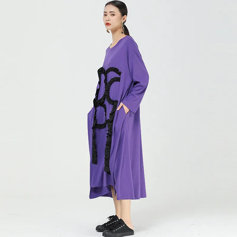 [EAM] Women Purple Big Size Printed Long Dress Round Neck Long Sleeve Loose Fit Fashion Spring Autumn 1DD5919 210512