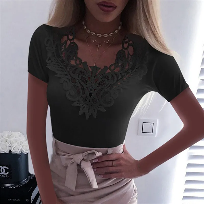 Design Summer 5xl Plus Size Women Patchwork Lace Tops Sexy Slim Work Black Shirts Casual Short Sleeve White Blouse Fashion Lady