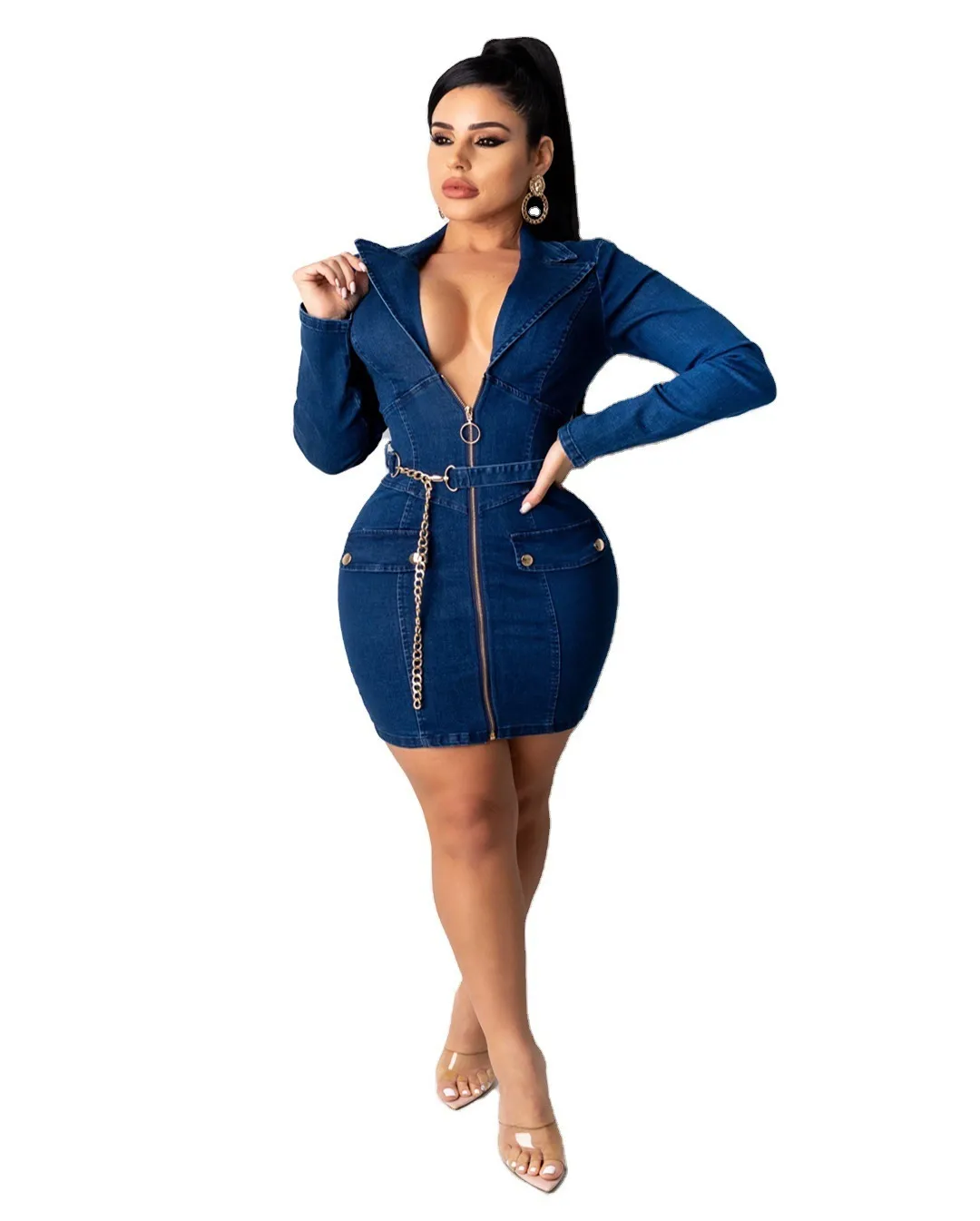 Spring Bodycon Denim Vendaje Mini vestido Mujeres rechaza el cuello de manga larga Vintage Fashes Vestidos de fiesta elegante Wear Wear 210525