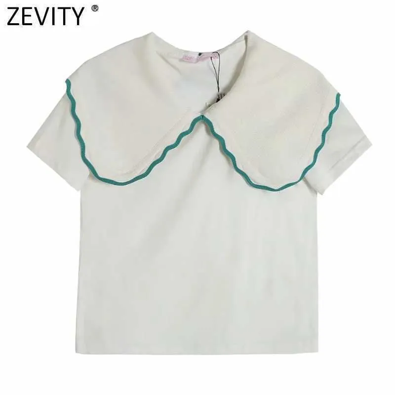 Zevity Frauen Süße Peter Pan Kragen Patchwork Stricken Beiläufige Slim T-Shirt Weibliche Chic Kurzarm Sommer Tops LS9208 210603