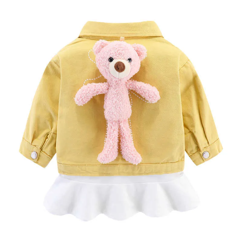 Mudkingdom tjej kläder set med björn plysch ungar jacka och tröja klänning kostym för tjejer vår söt kläder nyhet 210615