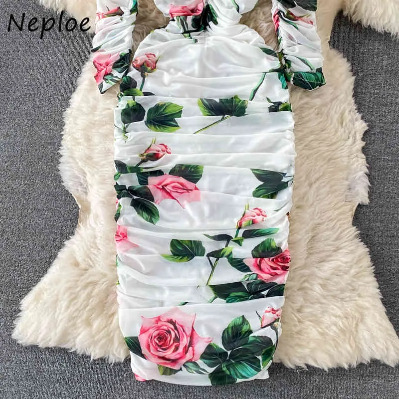 Neploe Square Collar Sexy Clavicle Exposed Kleid Frauen Vintage Print Böhmische Falte Vestidos Pullover Langarm Robe Frühling 210510