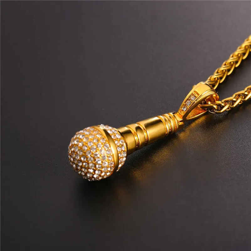 U7 Buz Çıkış Zincir Kolye Mikrofon Kolye Erkek Kadın Paslanmaz Çelik Altın Renkli Rhinestone Friend Mücevher Hip Hop P1018 210303J