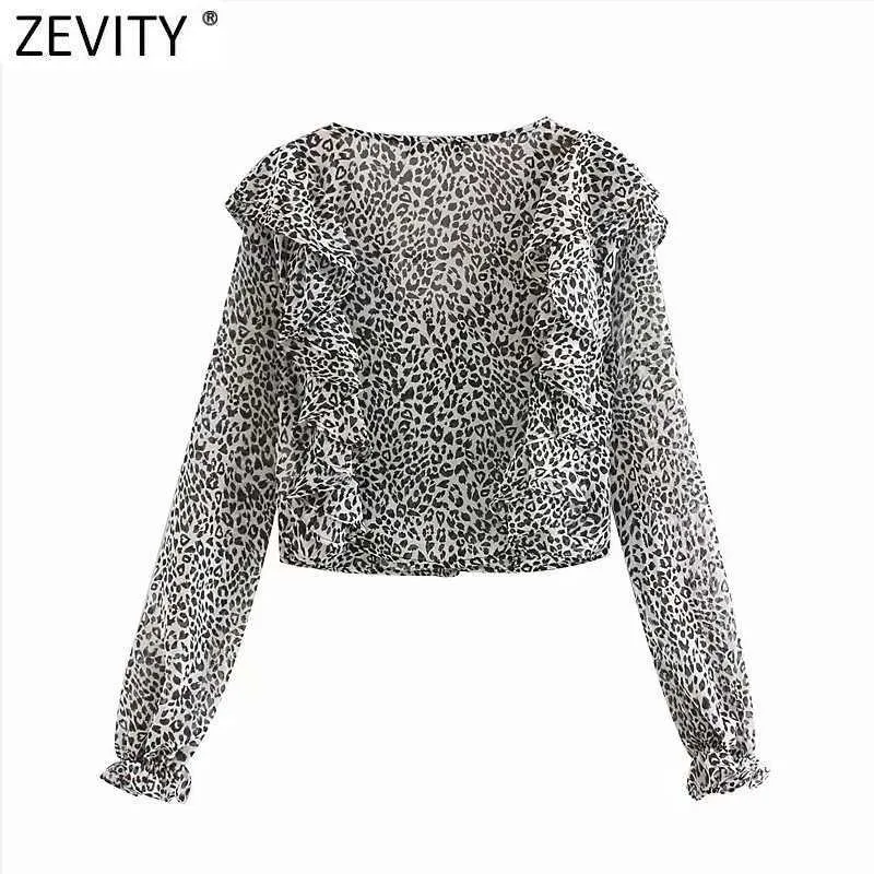 Zevity Women Vintage Vネックヒョウプリントショートスモックブラウス女性プリーツフリルキモノシャツシッククロップBlusas TOPS LS9359 210603