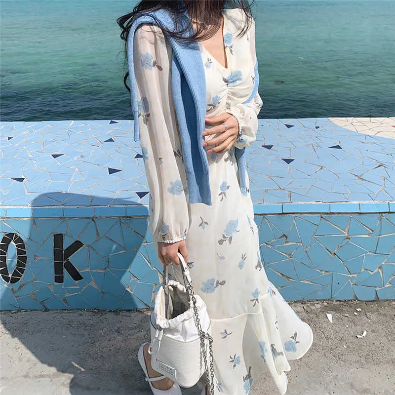 Vintage V-Neck Office Lady Floral Printing Streetwear Trumpet Mermaid Retro Summer Sweet Long Dresses Vestidos 210525