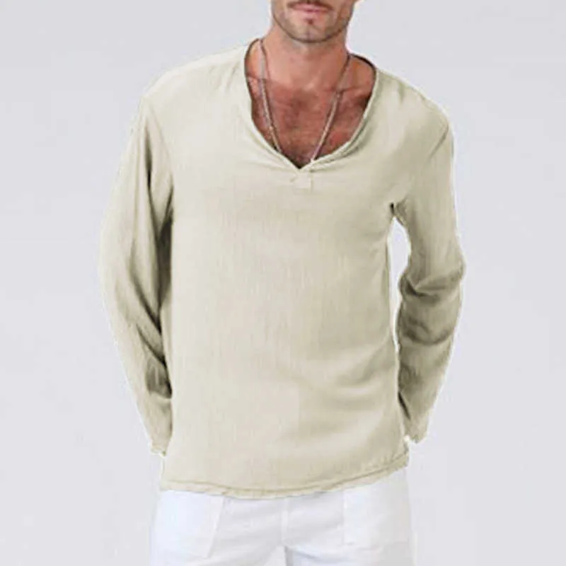 V Neck męskie t-shirty pełne rękawy lniana bawełniana koszulka z długim rękawem mężczyźni gotycka odzież Hippie luźna męska koszulka jesień wiosna 210707