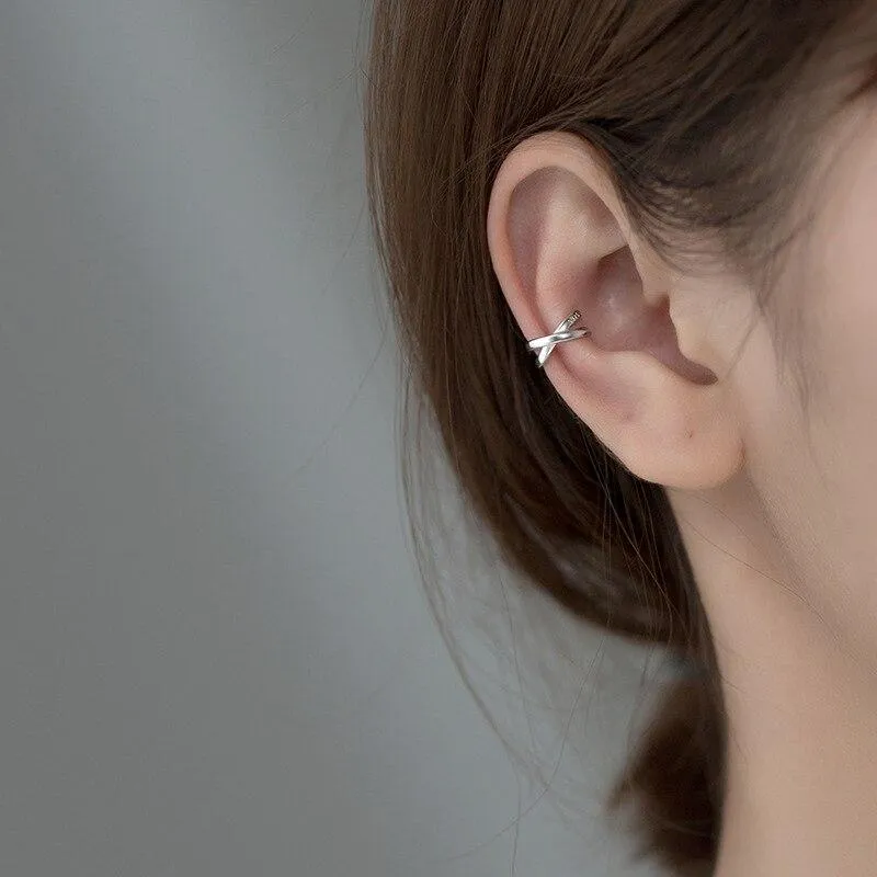 Jazaz 925 Sterling Silver Earrings Korean Cross Double Ear Clip For Women Chic No Piercing Fake Cartilage Jewelry Hoop & Huggie245m