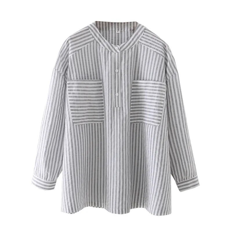 Été coton décontracté surdimensionné chemises à rayures pour femmes poches avant chemise boutonnée femme à manches longues grande taille hauts 210430