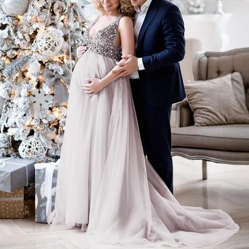Sexy Maternity Shoot Dress Sequins Tulle Pregnancy Photography Dresses Sleeveless Maxi Gown For Pregnant Women Long Photo Prop (3)