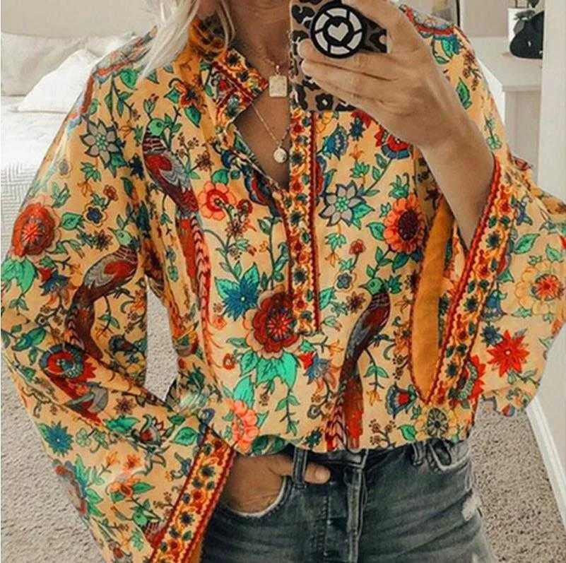 Boho Blouse Floral Print Footern Рубашка рукава Сексуальная шнуровка кисточка o шеи женские топы весна лето шикарные блузки 5xL 210721