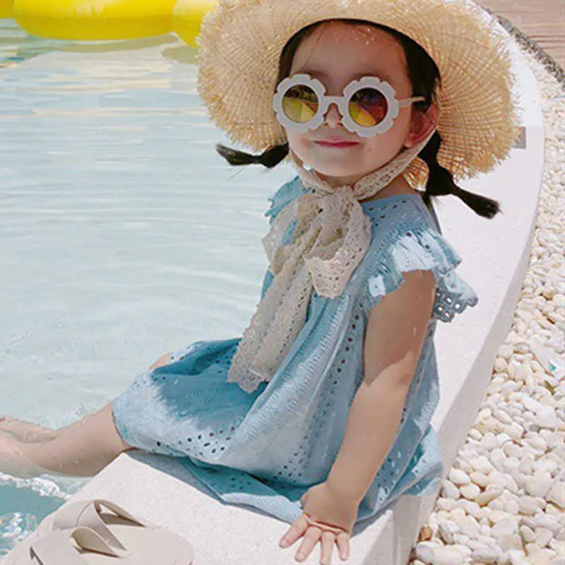 Été filles robe coréenne vacances décontracté couleur unie mignon creux volant manches dentelle princesse bébé enfants vêtements pour enfants 210625