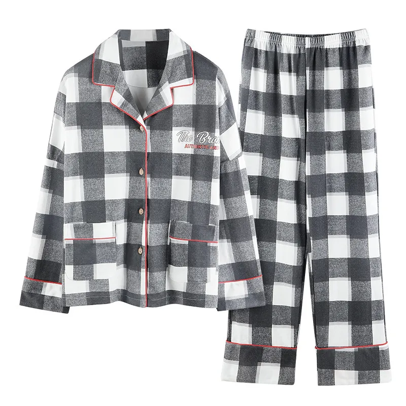 Couple Pyjamas Set Plaid Vêtements de nuit Automne Hiver Coton Pyjama Costume Femmes Hommes À Manches Longues Pijama Lovers Night Wear Bouton 210320