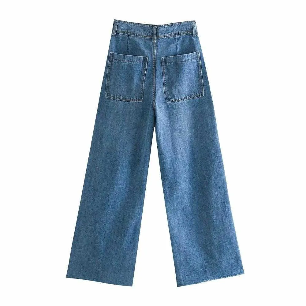 XNWMNZ Za femmes mode premium marine jeans droits Vintage poches plaquées ourlets sans couture taille haute Zip braguette bouton Denim Femme 210809