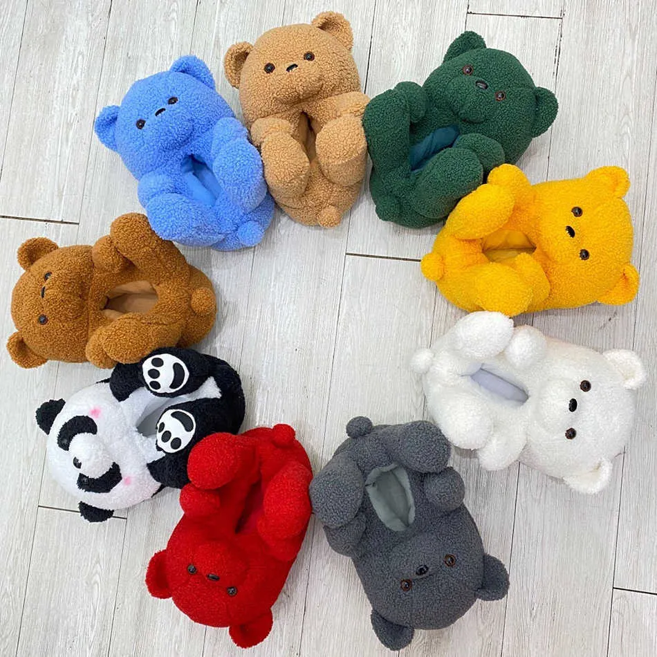 Donne Casa Coperta Morbida Antiscivolo Pelliccia sintetica Pantofole carine Scarpe invernali calde Cartone animato Peluche Teddy Bear Pantofole 15-35Y JYF Y0731