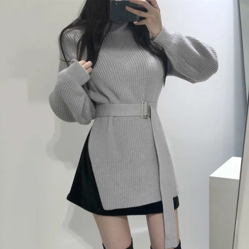 Ezgaga Lace Up Long Trui Pullover Dames Turtleneck Losse Split Koreaanse Chic Winter Office Dame Elegant Solid Knit Tops Jumper 210430