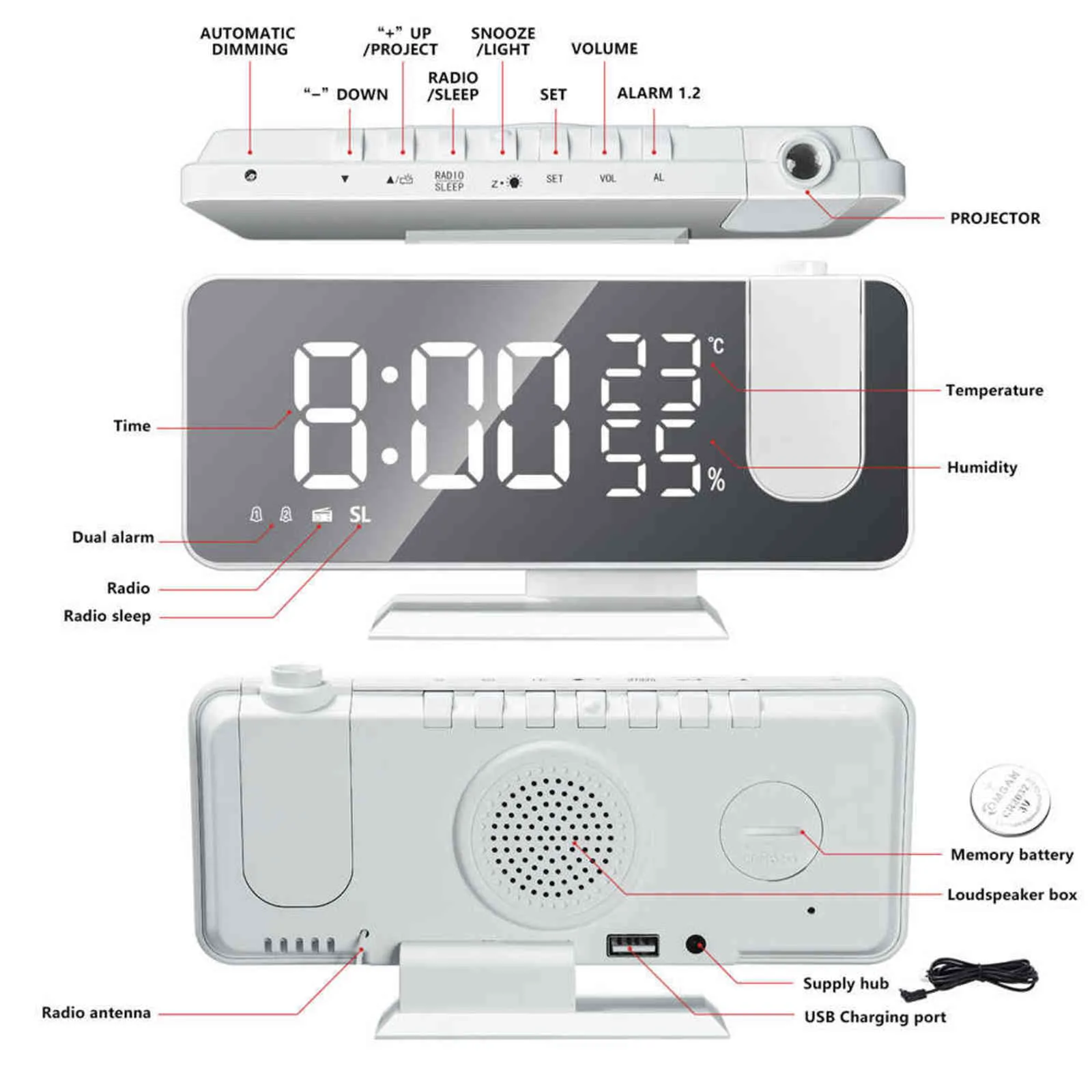 Reloj despertador digital Proyección Radio Temperatura Humedad Tiempo Pantalla nocturna Espejo LED Reloj Puertos de salida USB Reloj de mesa 211111