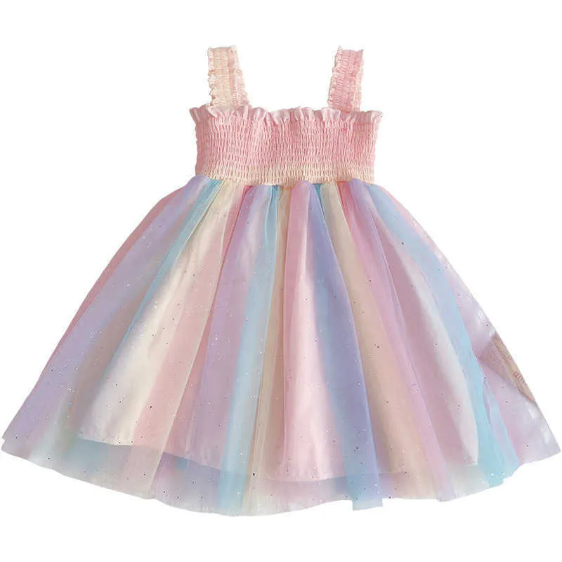 Mädchenrock Regenbogen Crinkle Mesh Hosenträger Prinzessin Tutu Kleid Sommer neues Kinderkleid