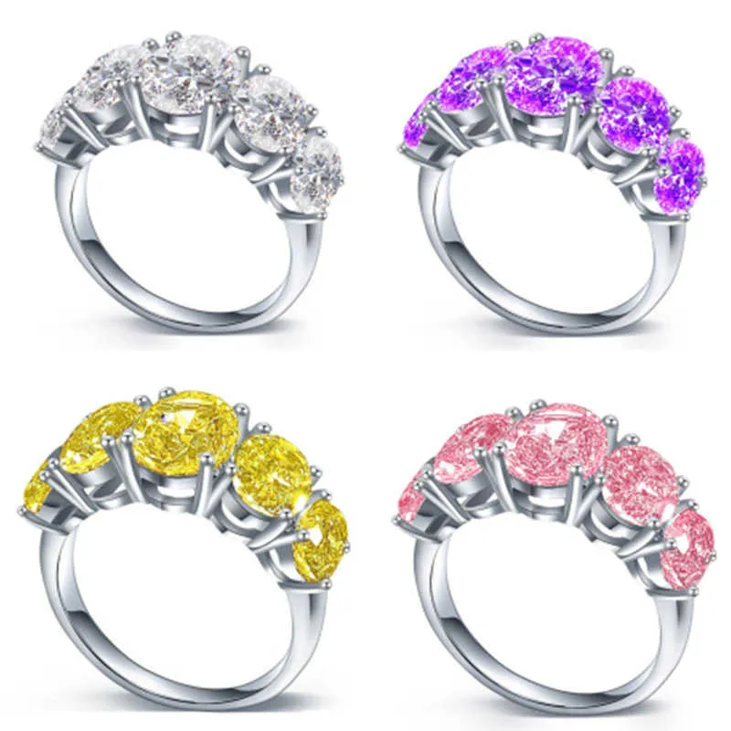 Womens Rings Crystal New Amethyst pink diamond ring oval five line yellow synthetic Lady Cluster styles Band