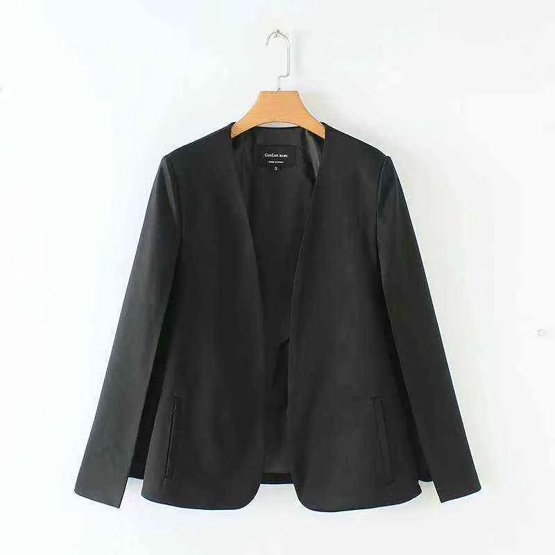 Women elegant black white color v neck split casual cloak coat office lady wear outwear suit jacket open stitch tops CT237 211117