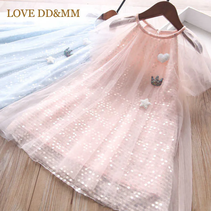 LOVE DD&MM Girl Princess Dresses Kids Clothes Love Crown Sequined Star Mesh Round Neck Dress For Costume 3-8 Years 210715