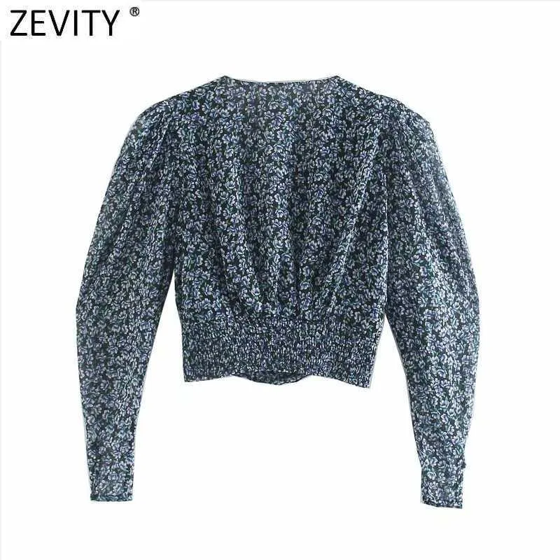 Zevity Women Sweet Cross V Neck Print Short Blouse Casual Puff Sleeve Hem Elastic Chiffon Shirts Chic Female Blusas Tops LS7323 210603
