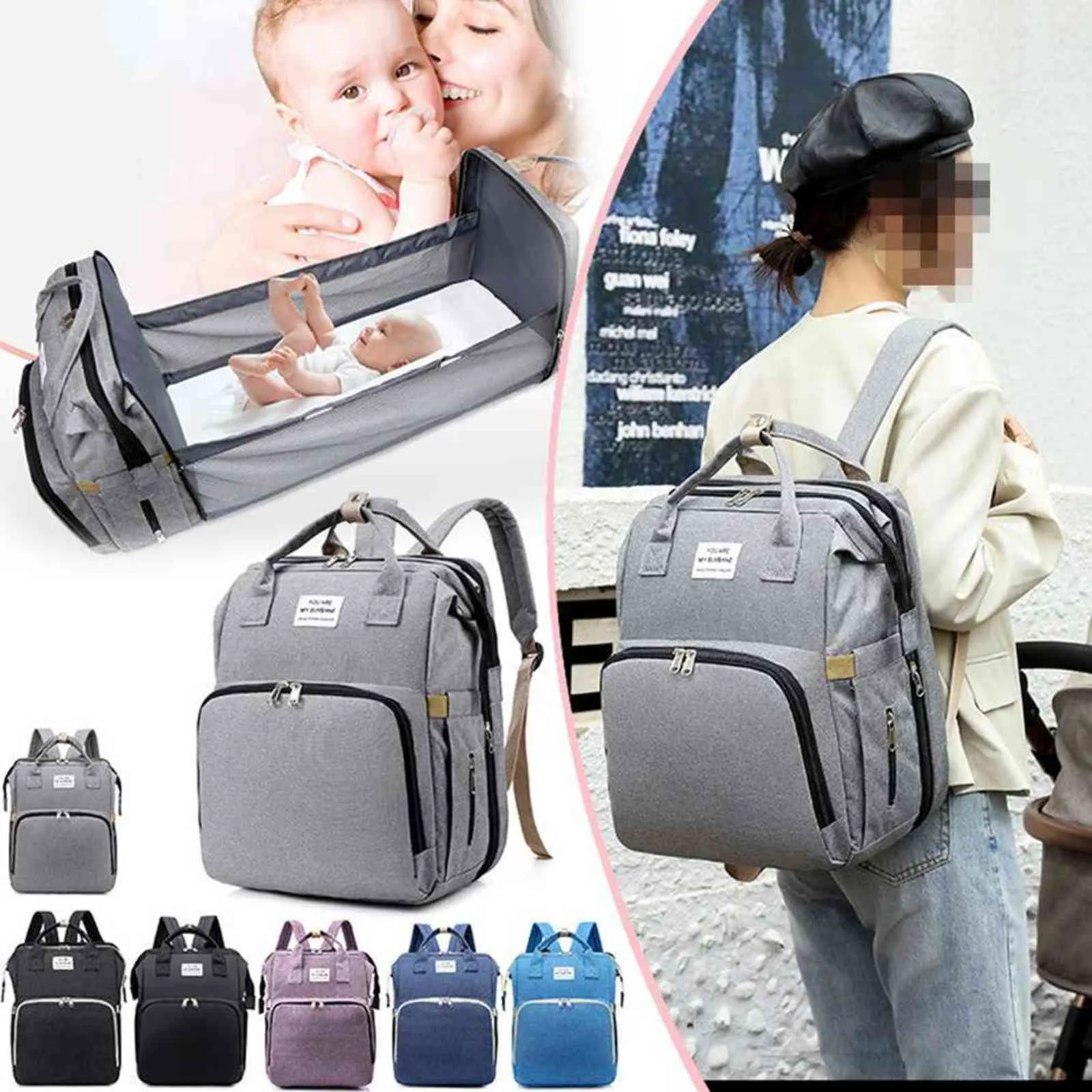 Diaper Bag Backpack with Changing Station Nappy Bag Crib Travel Foldable Baby Bed Bag Include Insulated Pocket Large Capacity H1117048727