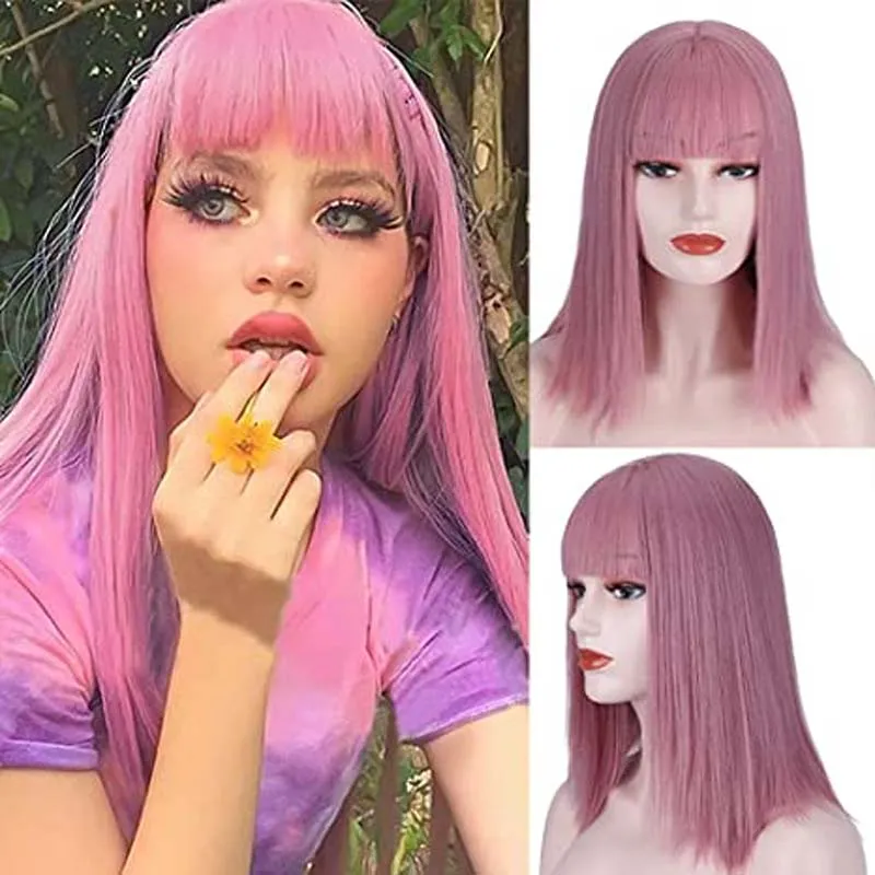 Short Bob Wigs With Air Bangs Synthetic Cosplay Wig for Girl Straight Pink Wis for Women Natural Looking Wigs for Daily Partyfactory direct