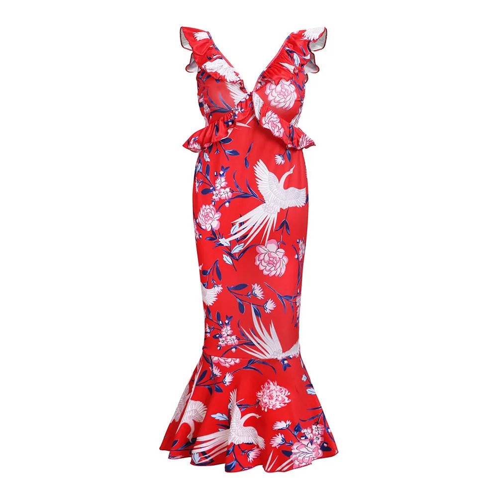 Kobiety Sukienka Ruffles V-Neck Bez Rękawów Vintage Drukuj Sukienki Plus Rozmiar Białe Czerwone Sexy Długie Kwiaty 210513