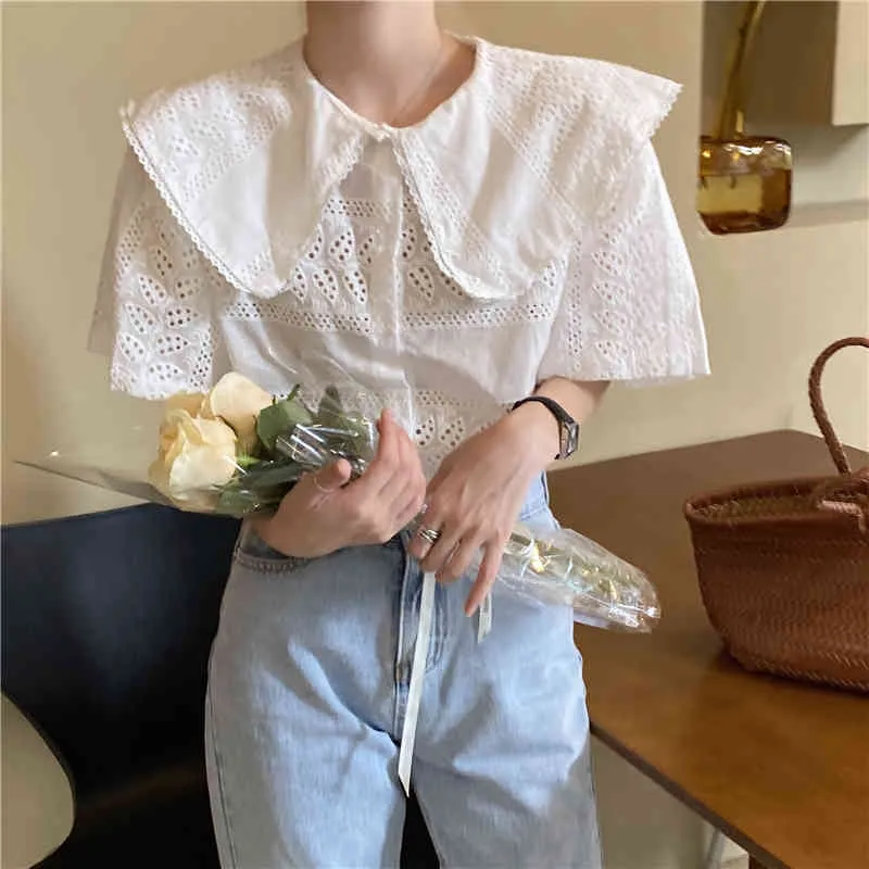 Chique Vintage Shirt Peter Pan Collar Korte Mouwen Solid Losse Mode All Match Casual Streetwear Blouses 210525