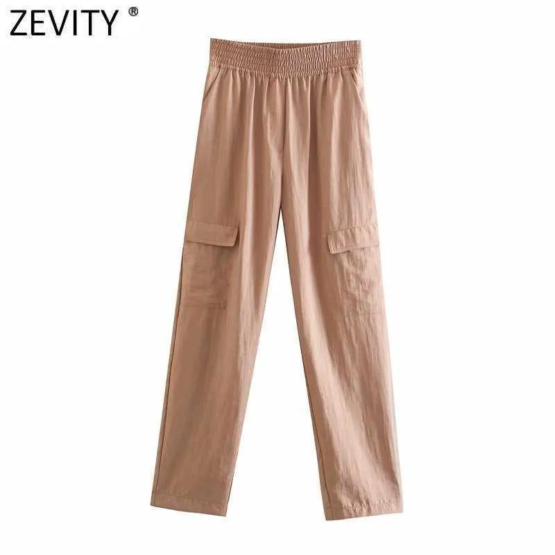 Zevidade mulheres vintage cor sólida elástica cintura alta casual slim safari estilo calças retrô feminino chique carga longa calças p1012 210603