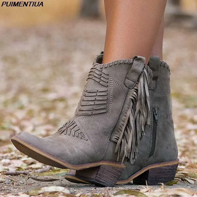 Puementiua Tassel Western Cowboyブーツレザーレザーカウガールブーツローヒールシューズ冬ブーツZapatos de Mujer Y0914