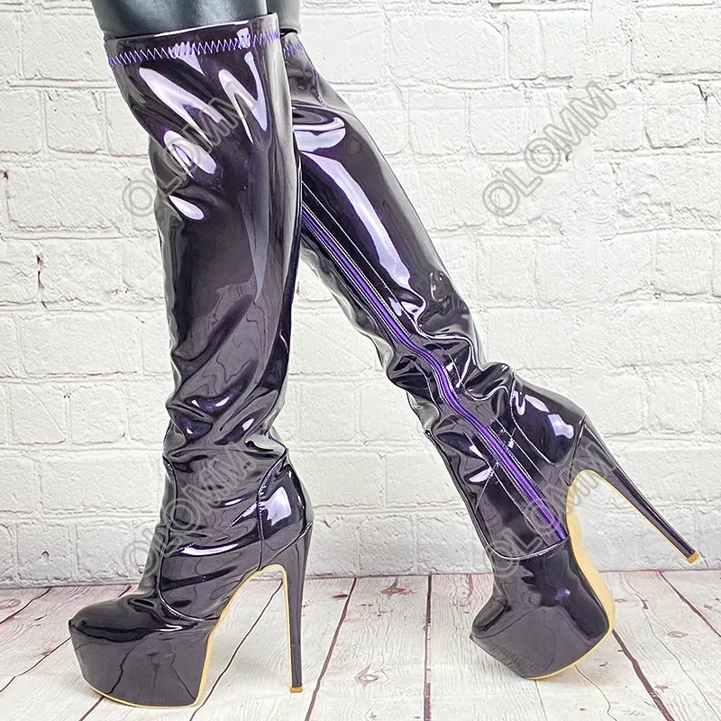 Rontic Women 겨울 무릎 높은 부츠 유니섹스 특허 섹시한 스틸 스틸 힐 둥근 발가락 예쁜 보라색 검은 나이트 클럽 신발 미국 크기 5-20