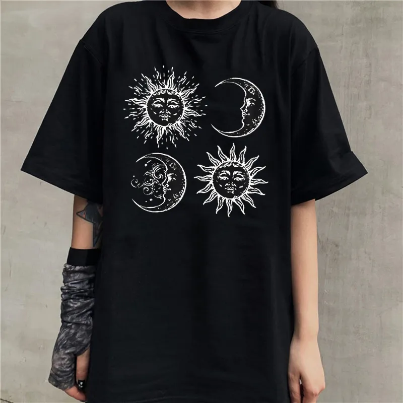 Güneş Ay Çizim Sanat Grafik Tee Vintage Hipster Kawaii Kadınlar Için Rahat Komik T-Shirt Siyah Serin Grunge Gotik Yaz Tops 210518