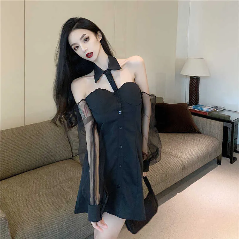 Arrival Korean Fashion Hollow-out Mesh See Through Backless Long Sleeve Sexy Dress Women's Lace Vestido Feminino 210529