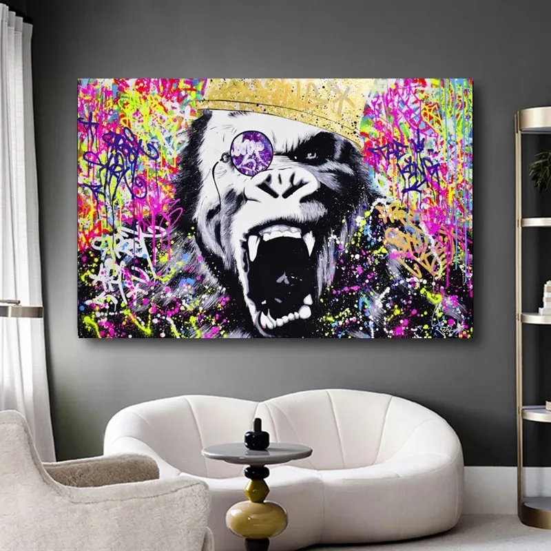 Abstrato colorido gorila graffiti macaco cartazes e impressões pinturas em tela imagens de arte parede para sala estar decoração casa n7783366