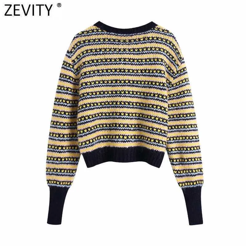 Zevity femmes Vintage couleur correspondant Patchwork rayé décontracté court tricot pull Femme Chic poche Cardigan hauts S688 210603