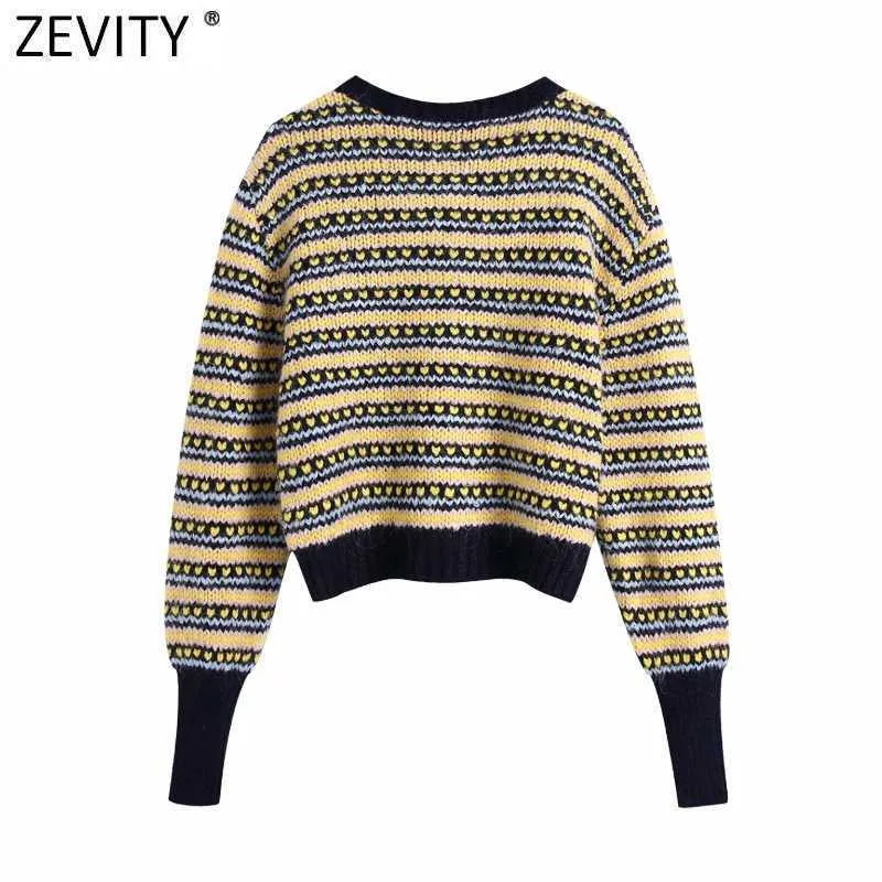 Zevity Mulheres Vintage Cor Correspondência de Correspondência Listrado Casual Curto Tricô Camisola Femme Chic Bolso Cardigan Tops S688 210603