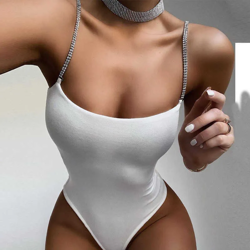 Bandoulière brillante Bodycon Sexy Body Noir Blanc Sans manches Summer Femme Tenues High Leg Costume 210622