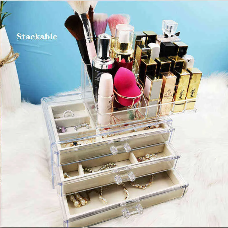 Kosmetyczne pudełko do przechowywania Biżuteria Organizator Lipstick Stand Kolczyki Wyświetlacz Szuflady Przezroczysty akryl 211102