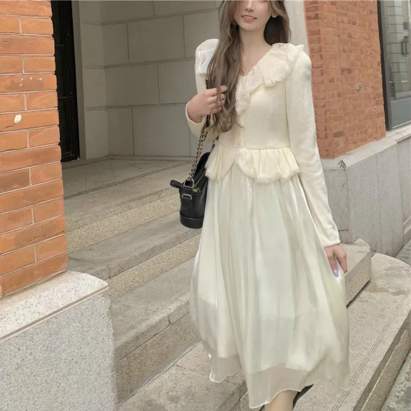 EZGAGA кружева лоскутное платье платье женщины Vintage V-образным вырезом с длинным рукавом зимняя весенняя мода фальшивая два элегантное платье тонкий талии Vestidos 210430