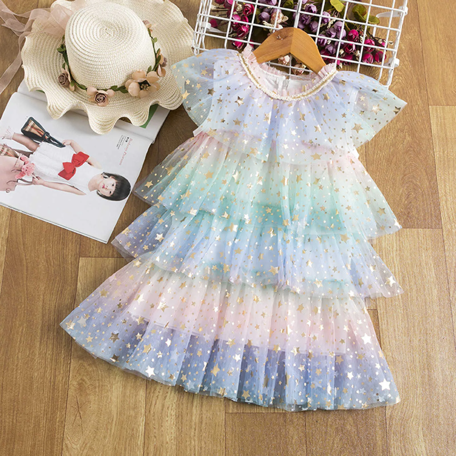 Mädchen Regenbogen Kuchen Schichten Kleider für Kinder Pailletten Stern Elegante Party Hochzeit Geburtstag Tutu Prinzessin Vestidos Kinder Kleidung Q0716